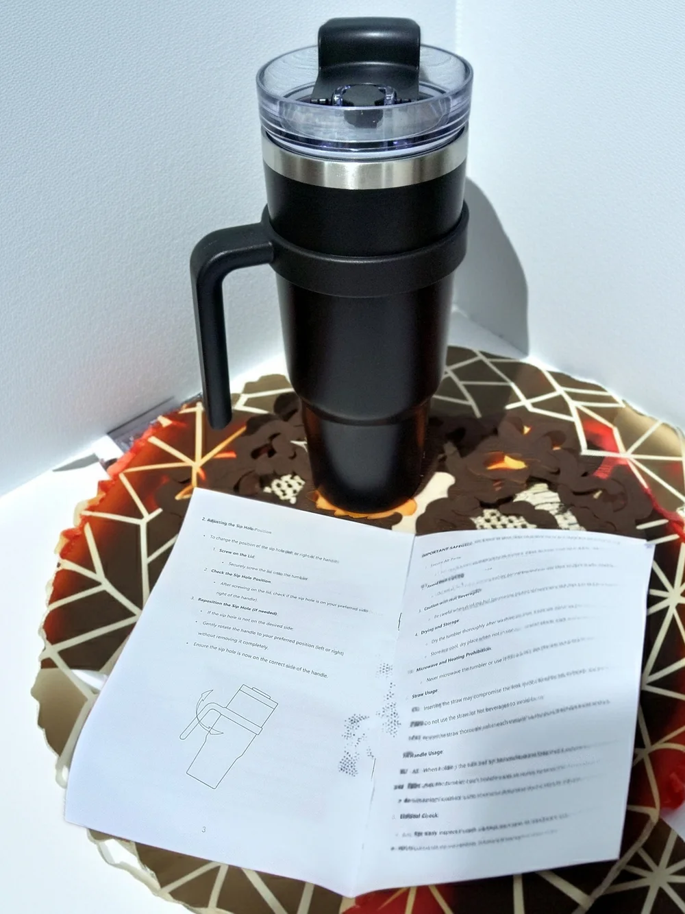 Insulated Black Travel Mug with Handle and Clear Lid